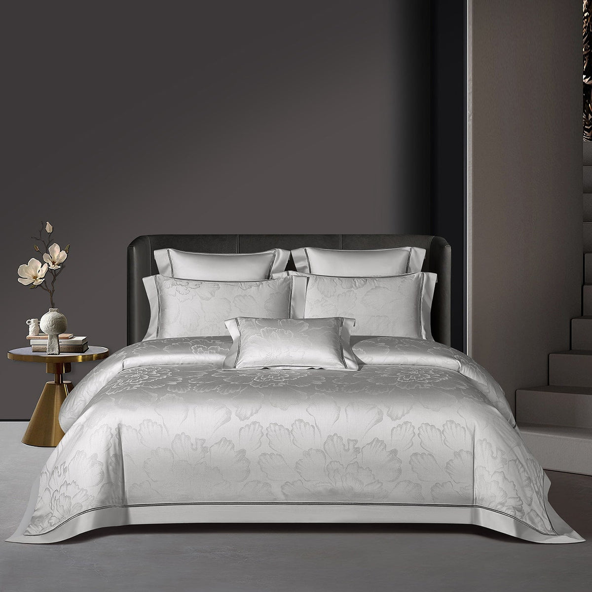 Valmont Pearl Silver Floral Jacquard Tencel Bedding Set