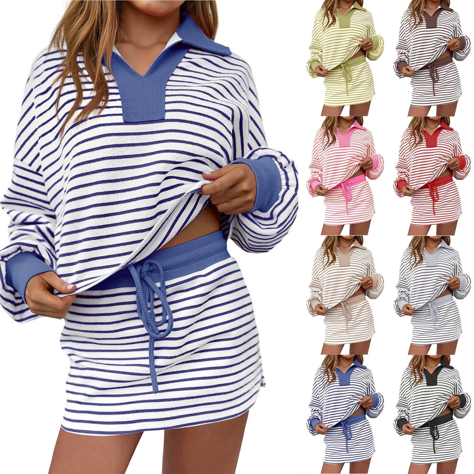 2 Piece Outfits Casual Sweatshirt Skirt Set Long Sleeve Skort