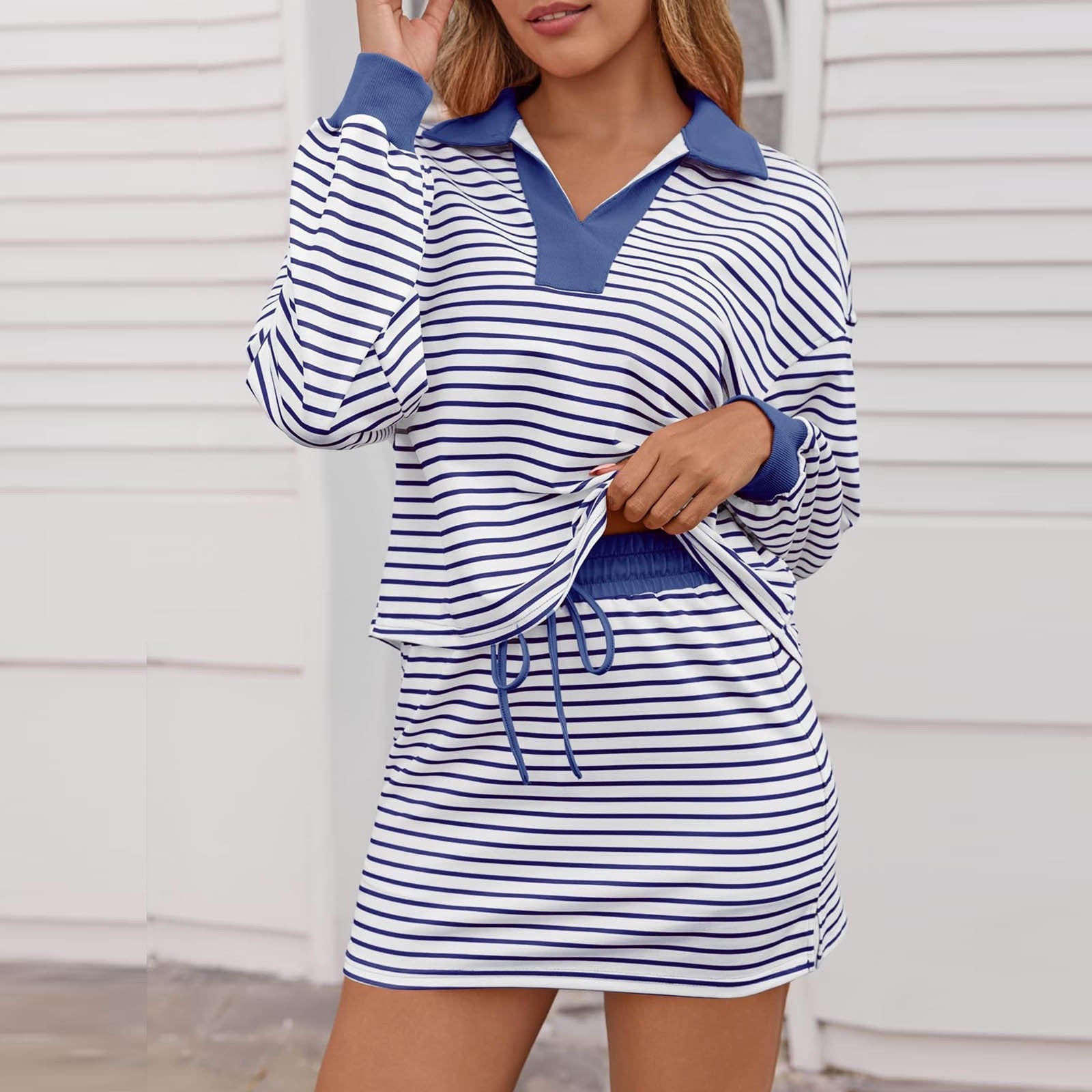 2 Piece Outfits Casual Sweatshirt Skirt Set Long Sleeve Skort