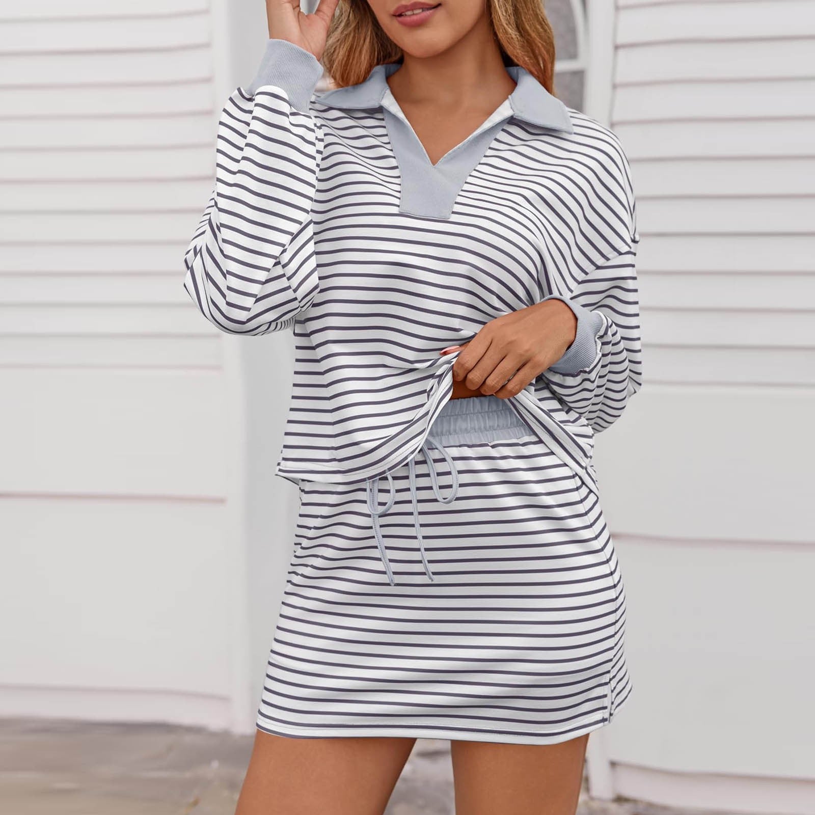 2 Piece Outfits Casual Sweatshirt Skirt Set Long Sleeve Skort
