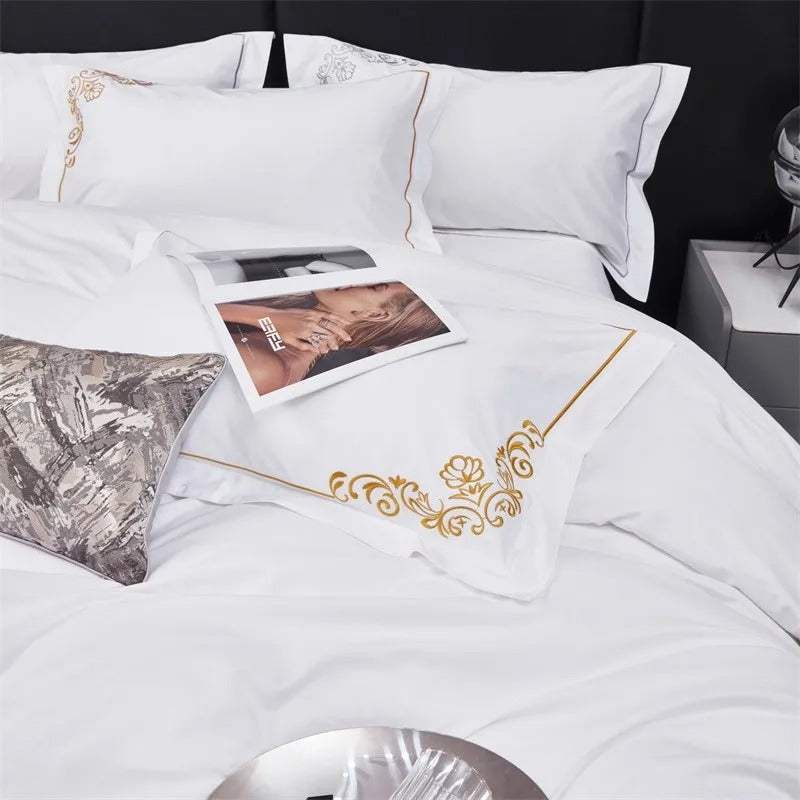Lagertha Gold Hotel Embroidered Border Egyptian Cotton Bedding Set
