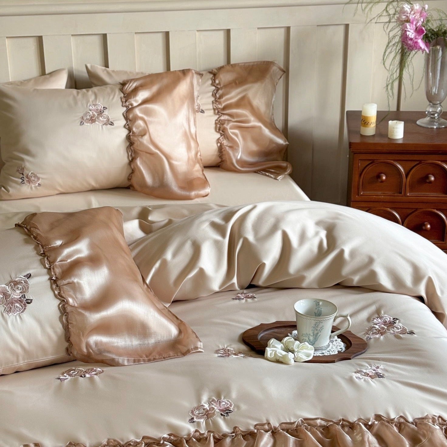 Silky Rose Ruffle Bedding Set