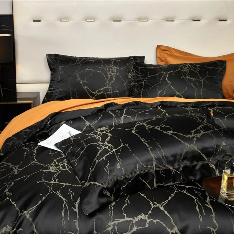 Nero Black Marble Luxury Egyptian Cotton Satin Bedding Set