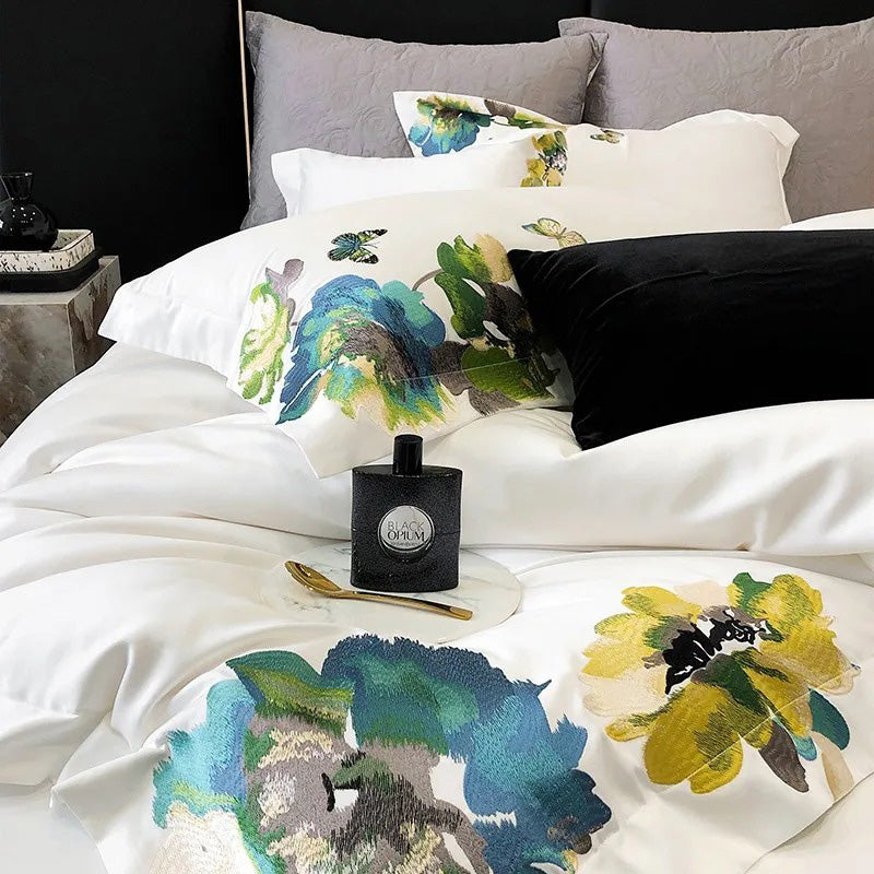 Adonis Floral Embroidered Egyptian Cotton Bedding Set