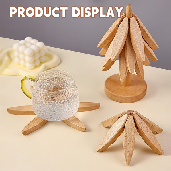 🏆Flash Sale⚡✨Natural Tree Trivet Set - 4 Wooden Trivets & 1 Stand Like a Christmas Tree