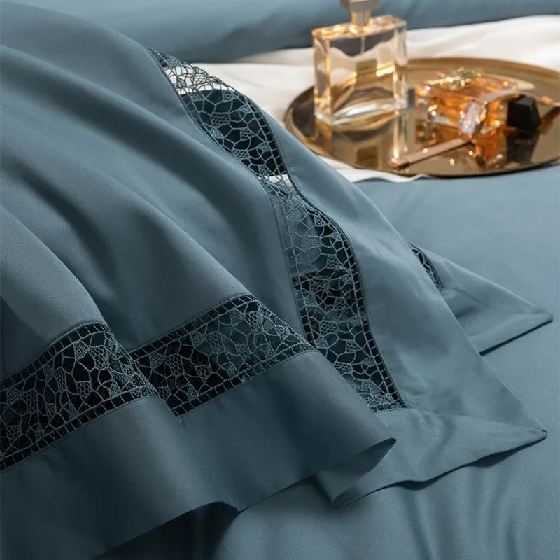 Elysium Blue Lace Luxury Egyptian Cotton Bedding Set