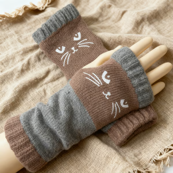 🎅2025 Christmas Hot Sale🔥Women's Knitted Fingerless Gloves with Cute Cat Embroidery