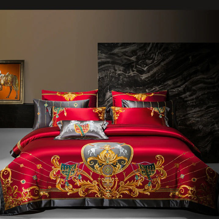 Niki Red Luxury Embroidered Egyptian Cotton Satin Bedding Set