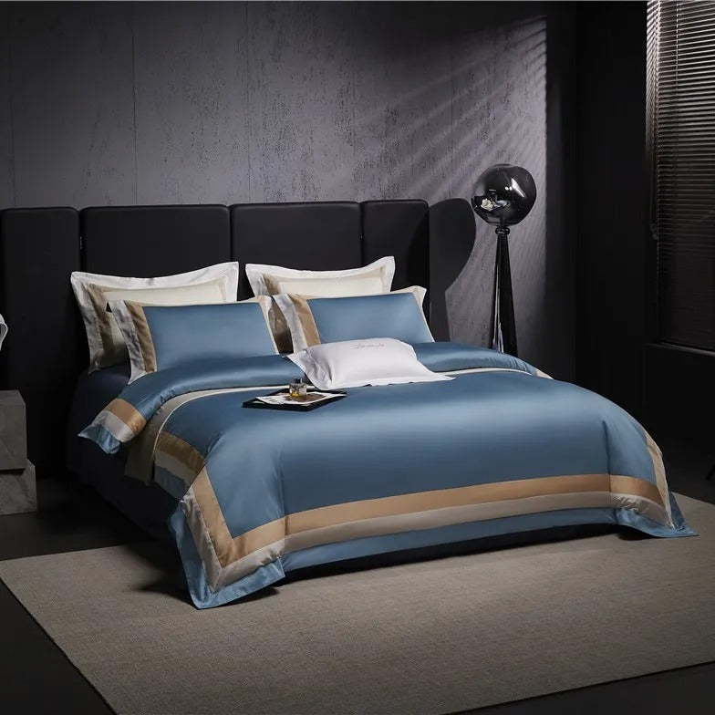 Luxor Blue Stripe Border Egyptian Cotton Bedding Set