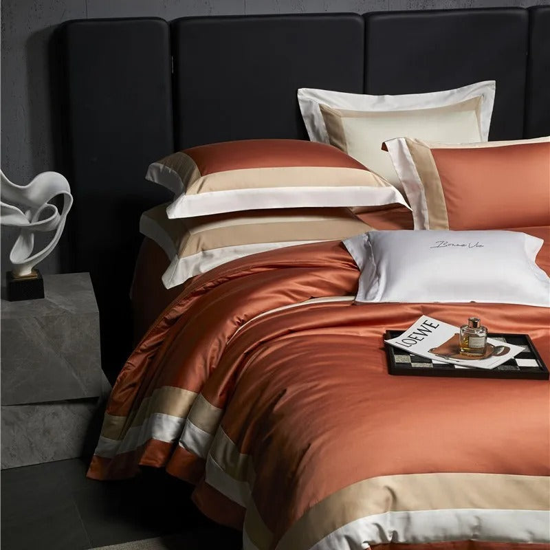 Luxor Orange Stripe Border Egyptian Cotton Bedding Set