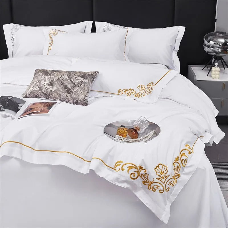 Lagertha Gold Hotel Embroidered Border Egyptian Cotton Bedding Set