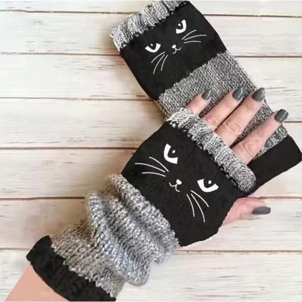 🎅2025 Christmas Hot Sale🔥Women's Knitted Fingerless Gloves with Cute Cat Embroidery