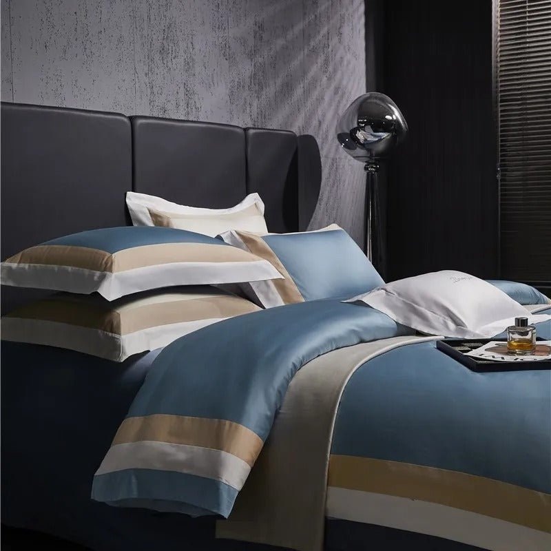 Luxor Blue Stripe Border Egyptian Cotton Bedding Set