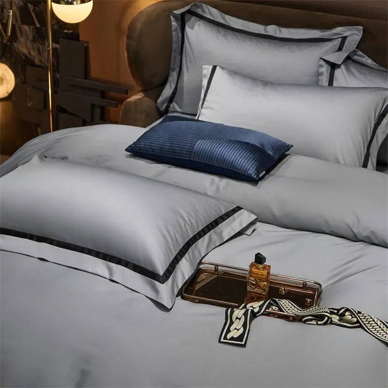 Brisa Silver Contrasting Hotel Stripe Bedding Set