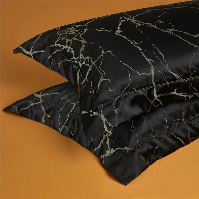 Nero Black Marble Luxury Egyptian Cotton Satin Bedding Set