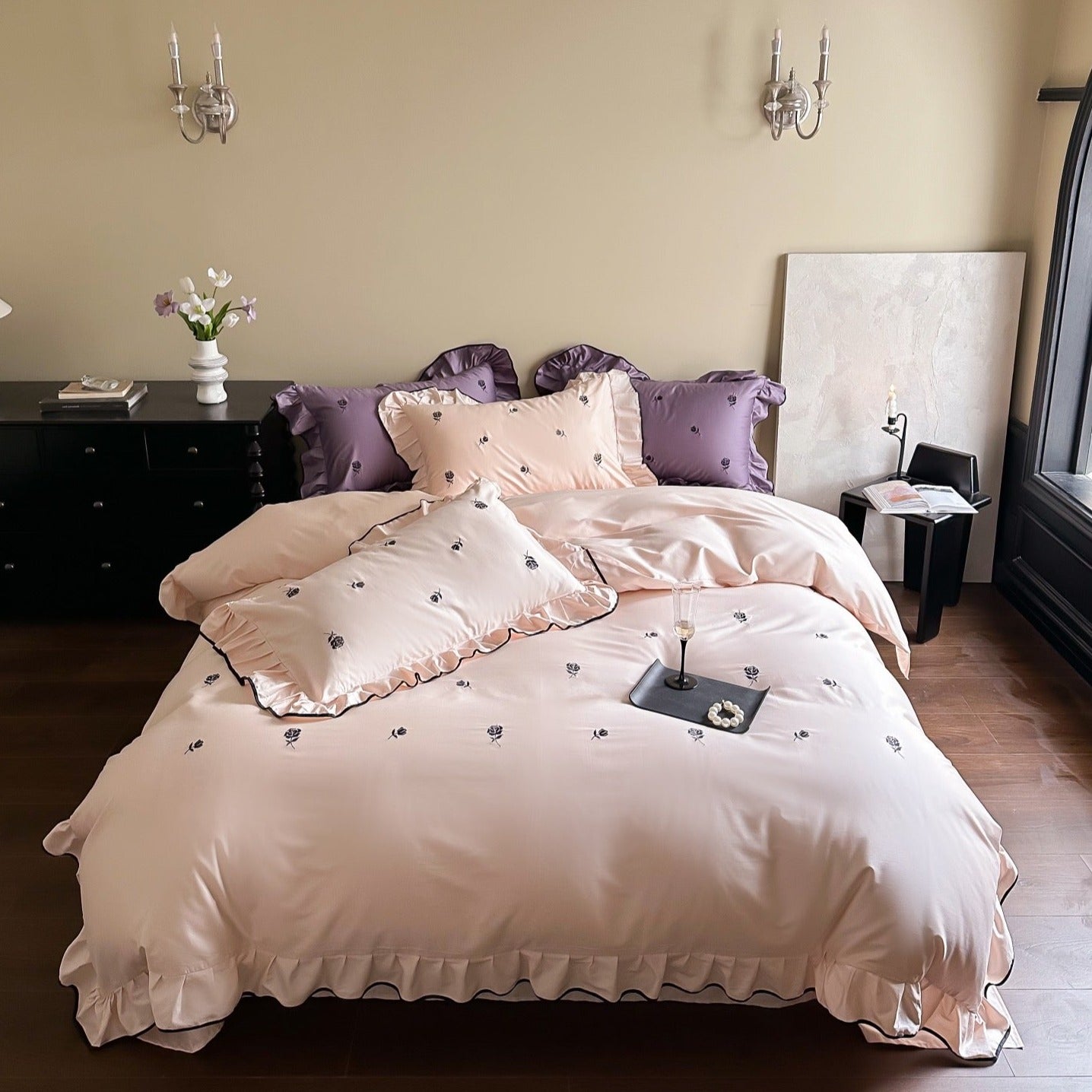 Black Rose Ruffle Bedding Set