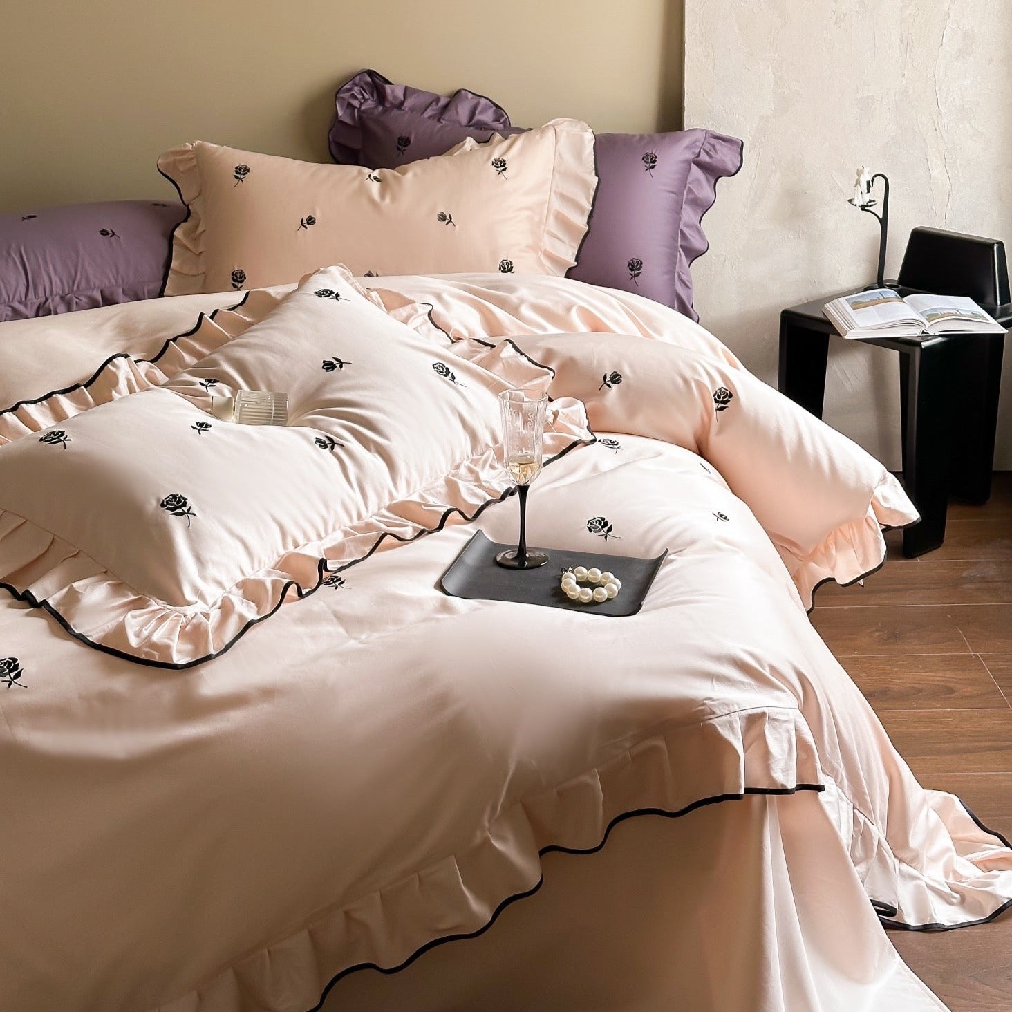 Black Rose Ruffle Bedding Set