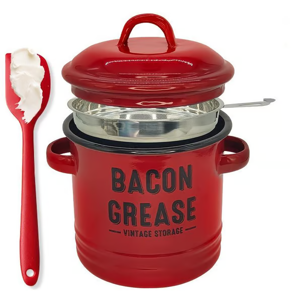 🖤 BLACK FRIDAY Best Sale -46 oz bacon grease container with strainer and food-grade silicone spatula