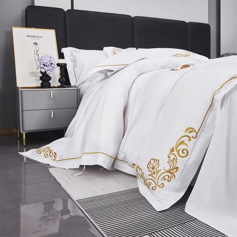 Lagertha Gold Hotel Embroidered Border Egyptian Cotton Bedding Set