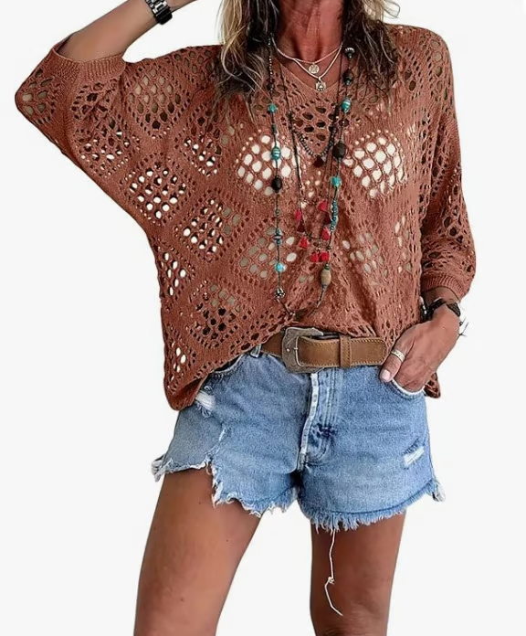 Women's Bohemian-Inspired Beige Crochet Top with V-Neck