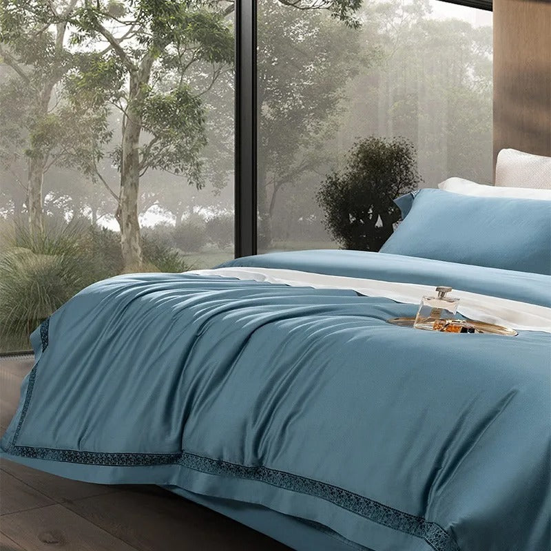Elysium Blue Lace Luxury Egyptian Cotton Bedding Set