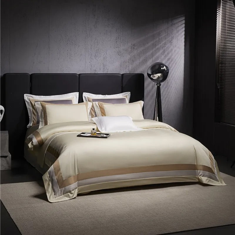Luxor Beige Stripe Border Egyptian Cotton Bedding Set