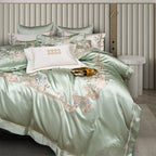 Esana Green Embroidered Egyptian Cotton Satin Bedding Set
