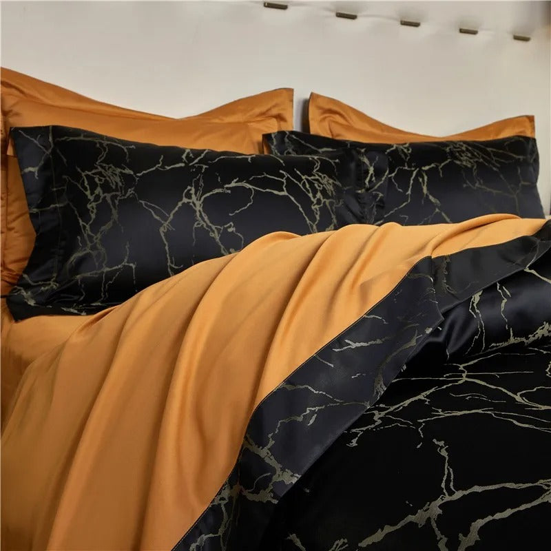 Nero Black Marble Luxury Egyptian Cotton Satin Bedding Set