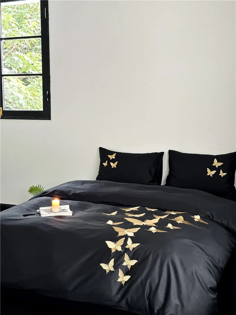 Papillon Butterfly Embroidered Egyptian Cotton Bedding Set