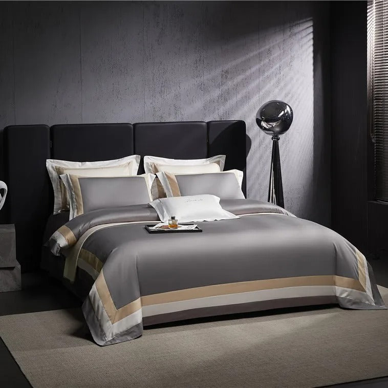 Luxor Grey Stripe Border Egyptian Cotton Bedding Set