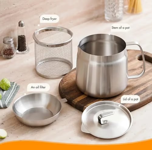 68oz 201 Stainless Steel Deep Fryer Pot with Basket & Strainer, Large Capacity Bacon Grease Container for Kitchen,Frying, Cooking, Camping,Oil Filter Container - Dishwasher Safe