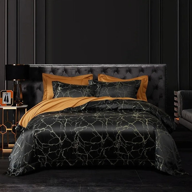 Nero Black Marble Luxury Egyptian Cotton Satin Bedding Set