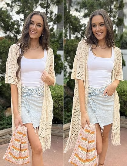 ☀️ Summer Crochet Cardigan - Oversized Open Front Kimono Sweater with Tassel ✨
