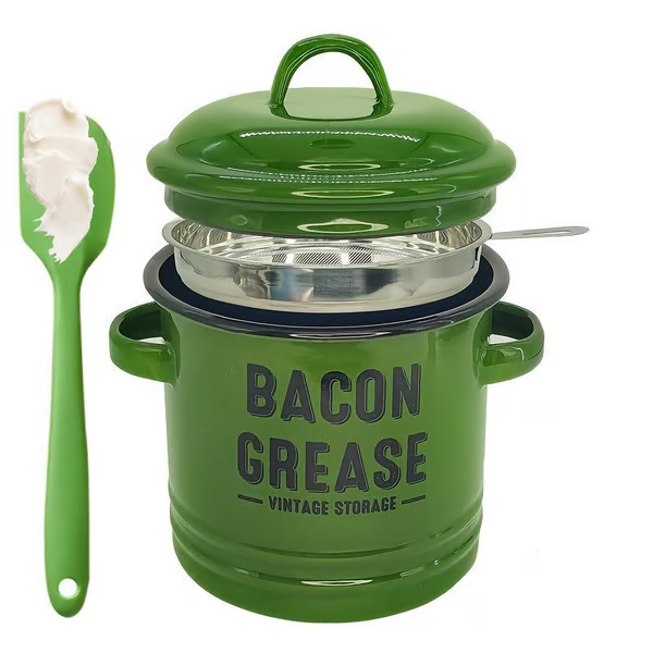 🖤 BLACK FRIDAY Best Sale -46 oz bacon grease container with strainer and food-grade silicone spatula
