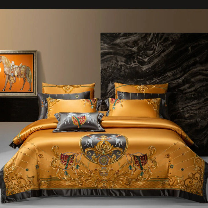 Niki Gold Luxury Embroidered Egyptian Cotton Satin Bedding Set