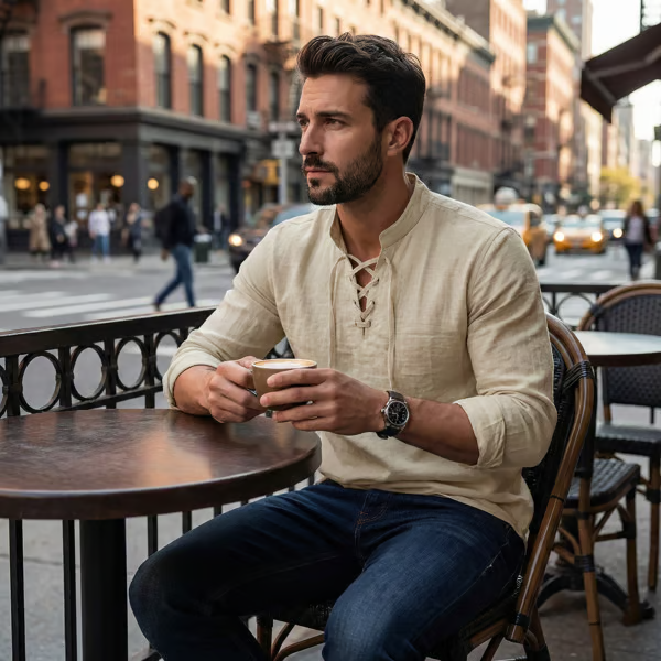 🔥Men's Vintage V-neck T-shirt Linen Pirate Medieval Viking Gothic Tops Shirts Long Sleeved