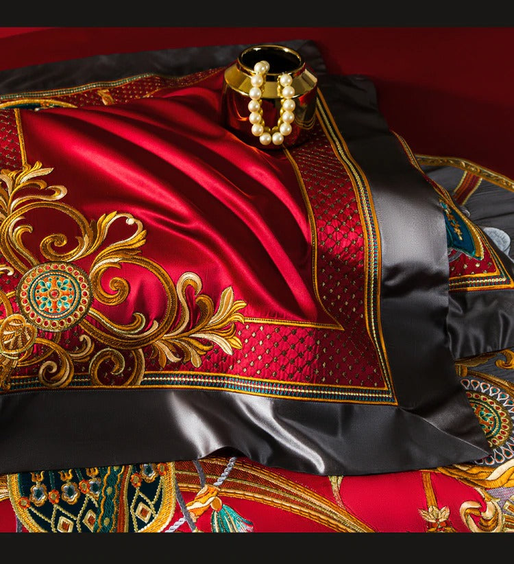 Niki Red Luxury Embroidered Egyptian Cotton Satin Bedding Set