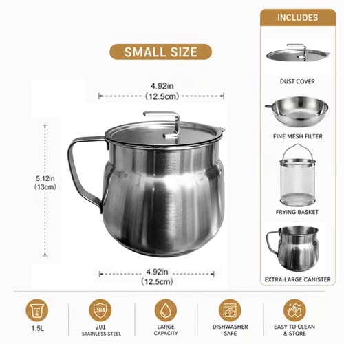 68oz 201 Stainless Steel Deep Fryer Pot with Basket & Strainer, Large Capacity Bacon Grease Container for Kitchen,Frying, Cooking, Camping,Oil Filter Container - Dishwasher Safe