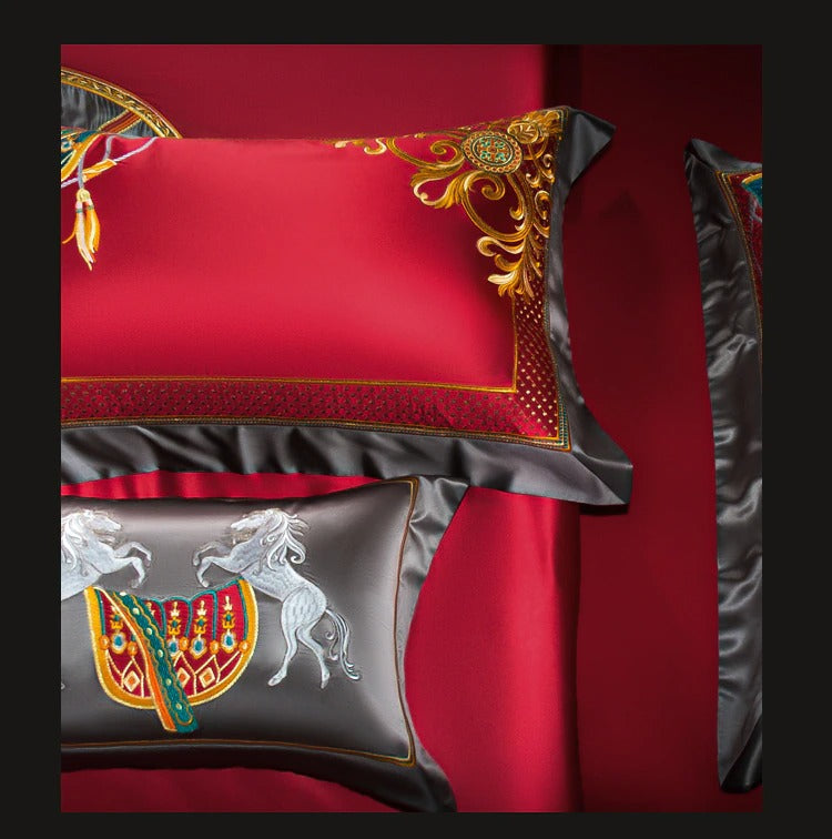 Niki Red Luxury Embroidered Egyptian Cotton Satin Bedding Set