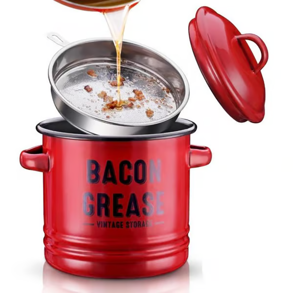 🖤 BLACK FRIDAY Best Sale -46 oz bacon grease container with strainer and food-grade silicone spatula