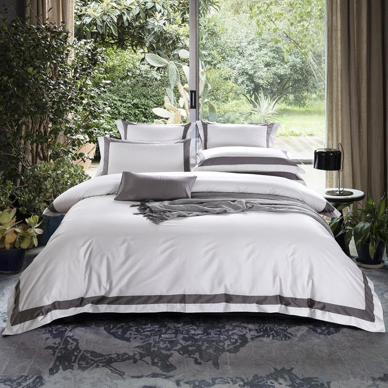 Degella Grey Stripe Egyptian Cotton Luxury White Bedding Set