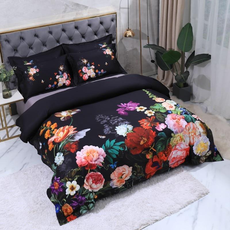 Aida Black Luxury Floral Egyptian Cotton Bedding Set