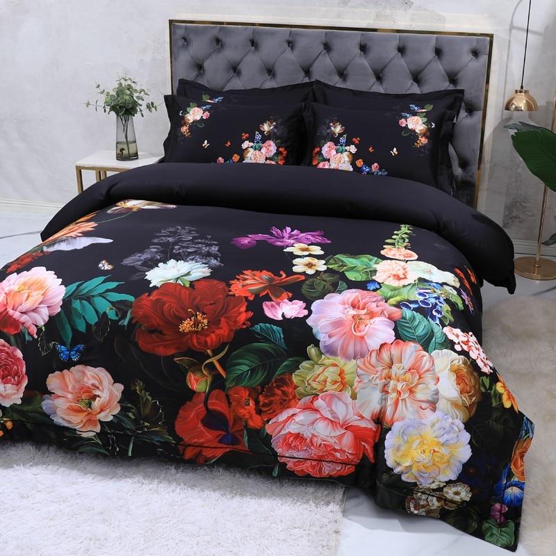 Aida Black Luxury Floral Egyptian Cotton Bedding Set