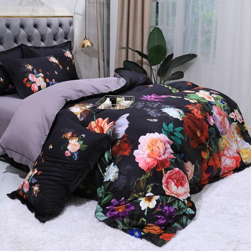 Aida Black Luxury Floral Egyptian Cotton Bedding Set