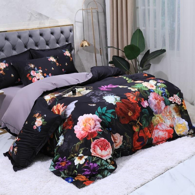 Aida Black Luxury Floral Egyptian Cotton Bedding Set