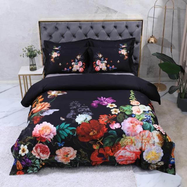Aida Black Luxury Floral Egyptian Cotton Bedding Set