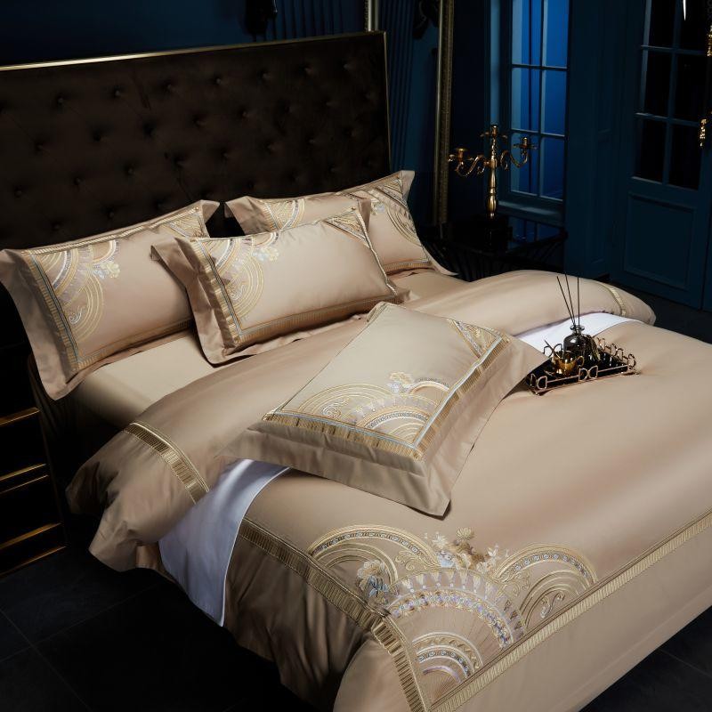 Mia Bristol Beige Embroidered Border Egyptian Cotton Bedding Set
