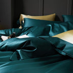Manya Peacock Teal Reversible Egyptian Cotton Silk Bedding Set
