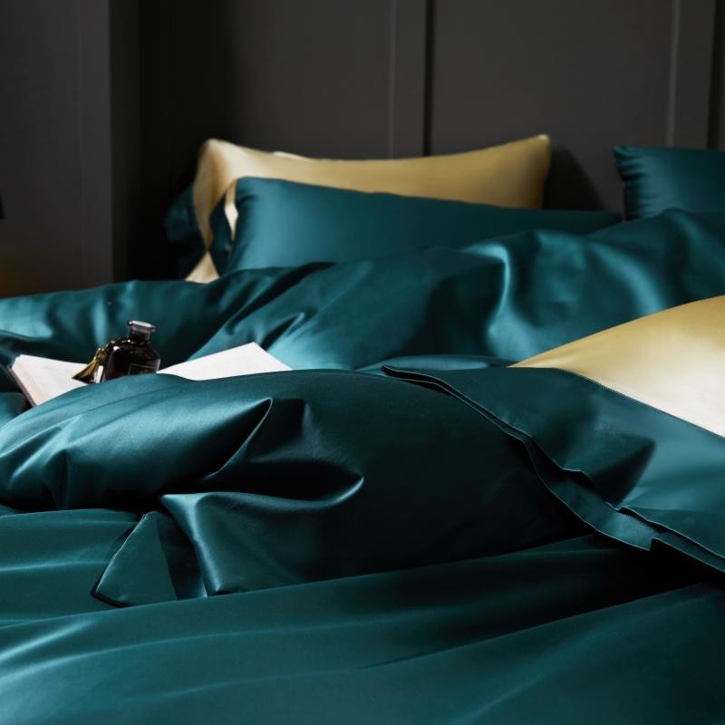 Manya Peacock Teal Reversible Egyptian Cotton Silk Bedding Set