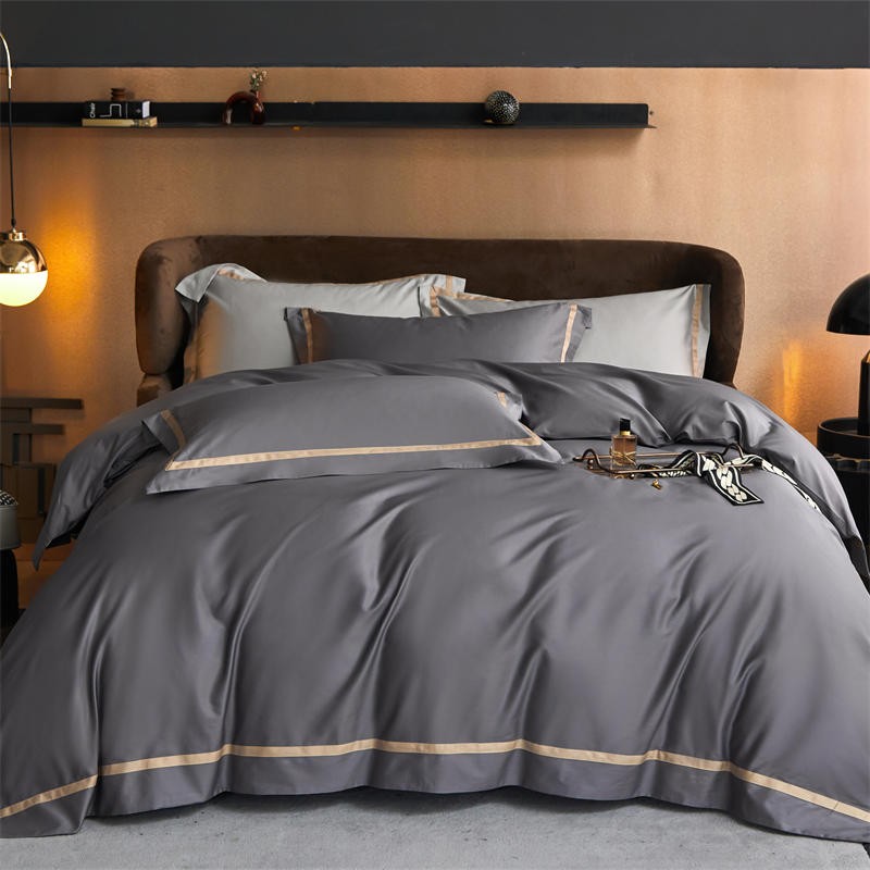 Karine Pewter Grey Modern Stripe Border Egyptian Cotton Bedding Set